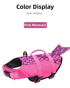 Pink mermaid dog life jacket detail with fish scale patterns and a sturdy rescue handle