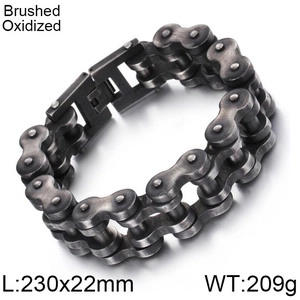 Detail view of 22mm brushed oxidized steel bike chain bracelet with size specifications