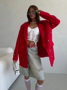 Chic red long-sleeve blazer featuring unique metallic heart buttons and a loose fit style