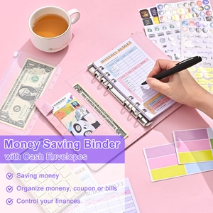 Roze A6 PU-lederen budgetmap met transparante enveloppen en maandelijkse planner