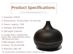 Detailed specifications of wood grain aroma diffuser with 550ml capacity and LED lights