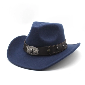 Vintage navy blue felt cowboy hat with brown leather band and silver bull head buckle