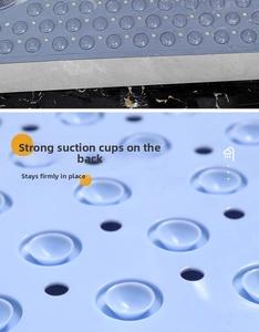 Close-up of bathroom mat showing gray anti-slip surface and strong blue suction cups