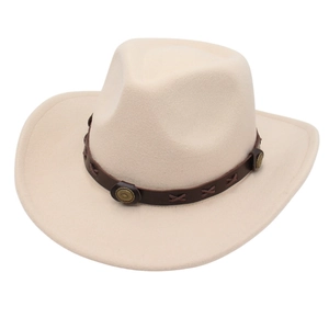 Western Cowboy Hat Vintage Wide Brim Felt Fedora With Leather Belt Metal Buckle Retro Jazz Style For Women Men