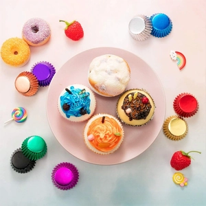 Colorful metallic foil cupcake liners in assorted bright colors for baking muffins