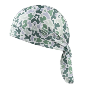 Detail of breathable camouflage pirate hat featuring green patterns and moisture-wicking fabric