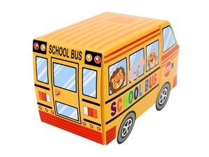Detailed close-up of a 3D yellow school bus shaped folding paper candy gift box