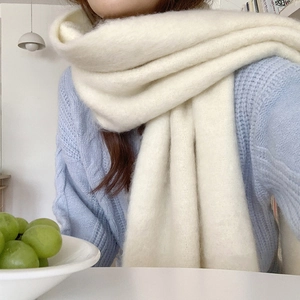 Thick cream mohair cashmere scarf for winter with soft fringe and warm solid color style