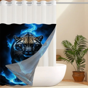 Detail view of waffle shower curtain with blue fire tiger print and metal grommets