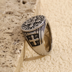 Vintage silver St. Benedict Medal ring with cross relief in stainless steel finish