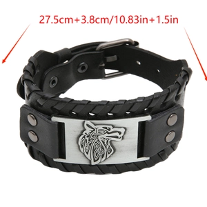 Handmade leather wolf bracelet with metal buckle and Celtic wolf head engraving