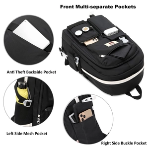 Detail view of large capacity black backpack showing multi-compartment front pockets