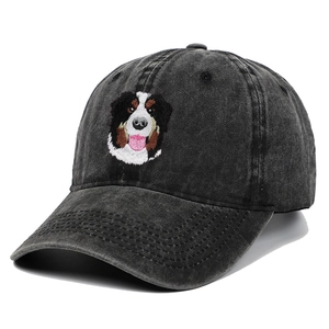 Vintage washed black cotton baseball cap with embroidered Bernese Mountain Dog pattern