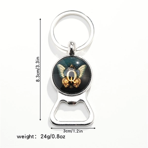 Detail view of butterfly bottle opener keychain with size and weight measurements