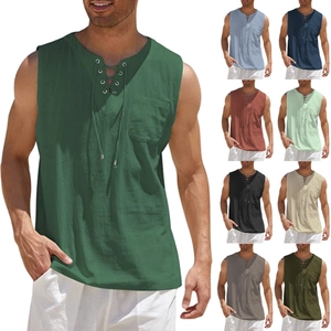 Men's sleeveless cotton linen shirts with lace-up V-neck in nine stylish summer colors