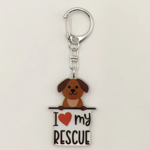 Detail of acrylic dog keychain featuring I Love My Rescue text and silver metal ring