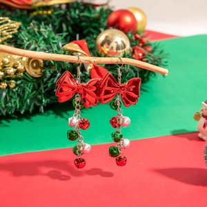 Ethnic beaded Santa tassel earrings with red bow and colorful holiday bells
