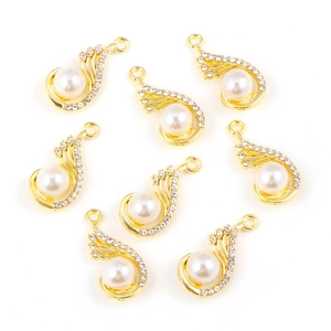 Lot de 7 breloques plumes dorées avec perles blanches et strass pour bijoux DIY