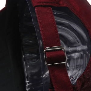 Detail of adjustable metal buckle and strap on burgundy sequin baseball cap