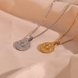 Vintage stainless steel compass pendant necklace with zircon in gold and silver finish