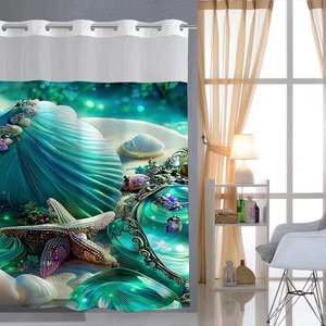 Detail of teal sea shell print waffle fabric shower curtain with metal grommets