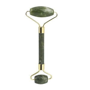 Dual-head natural green jade facial roller massager with gold metal frame on white background