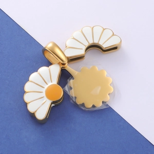 Golden stainless steel sunflower pendant with yellow enamel daisy and openable locket mechanism