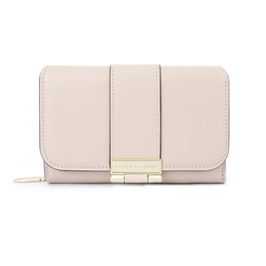 Classic beige textured leather wallet for women with golden metal buckle and zipper closure