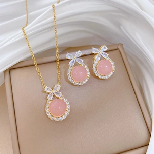 Elegant Bow Knot Necklace And Earrings With Titanium Steel Chain Copper Pendant Rhinestone Gemstone Silver Earring Post Women