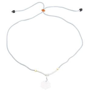 Detail of hand-woven light blue cord necklace with white lotus pendant and gold beads