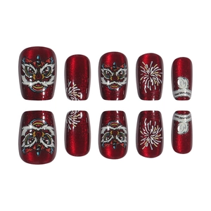 Lion dance and fireworks glitter press-on nails set with red cat eye festive design