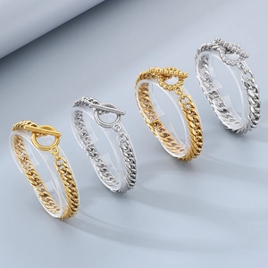 Men's titanium steel double woven Cuban chain bracelets with T-toggle clasp in gold and silver
