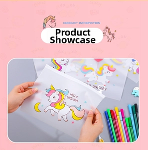 Detail of frosted translucent unicorn zipper pouch showing storage for school stationery