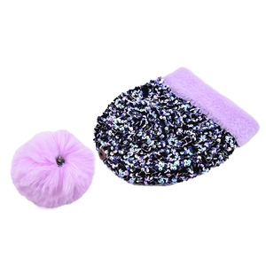 Purple sequin knitted beanie with luxury detachable faux fur pom and thick thermal lining