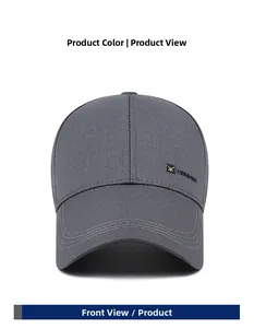 Front view of dark grey baseball cap showing six-panel design and metal logo detail