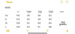 Detailed size chart for the quilted long sleeve jacket with measurements in centimeters