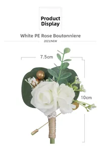 Boutonnière rose blanche en PE avec feuilles vertes et corde, taille 7,5cm x 10cm