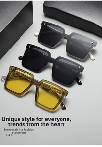 Three colors of oversized square sunglasses with metal rivets on premium grey background