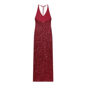 Sparkly burgundy sequined V-neck backless evening gown with a high leg slit detail