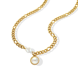 Gold Figaro chain necklace with round pearl pendant and irregular accent pearl