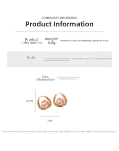 Detailed view of U-shaped rose gold earrings with pearl and rhinestone inlay measurements
