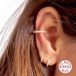 S925 sterling silver gold ear cuff and hoop earring set with pavé cubic zirconia