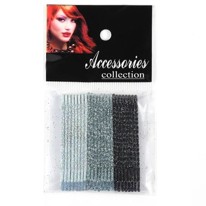Glittering wavy metal hair clips set in silver, grey and black colors on display card