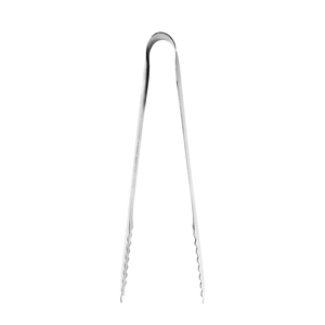 Polished stainless steel ice tongs with serrated edges for secure grip on white background