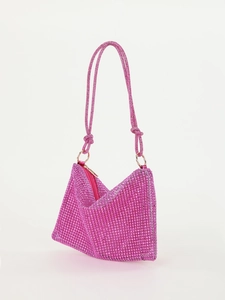 Detail of pink rhinestone knotted shoulder bag with sparkling mesh texture and zipper