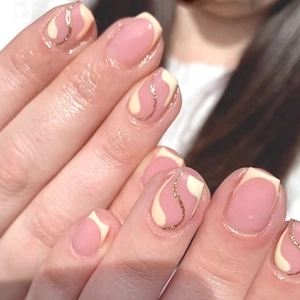 French Tip Press On Nails Short Ballet Square Pink Milk White Wavy Golden Glitter Artificial Fake Nails For Women