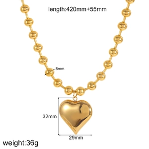 Golden 18K heart pendant necklace with 8mm ball chain and dimension parameters