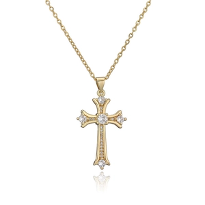 Classic gold cross pendant necklace with micro-paved zircons and fine chain for women