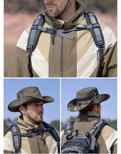 Detail of wide brim camouflage sun hat with adjustable wind rope and tactical outdoor gear