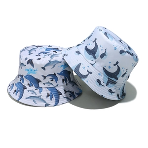 Cartoon Whale Dolphin Print Bucket Hat Polyester Sun Protection Summer Beach Vacation Travel Sunscreen Fisherman Cap
